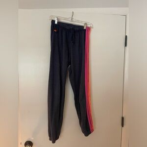AVIATOR NATION Women’s 5 Stripe Sweatpants in Heather Navy, multi-stripe, Small.